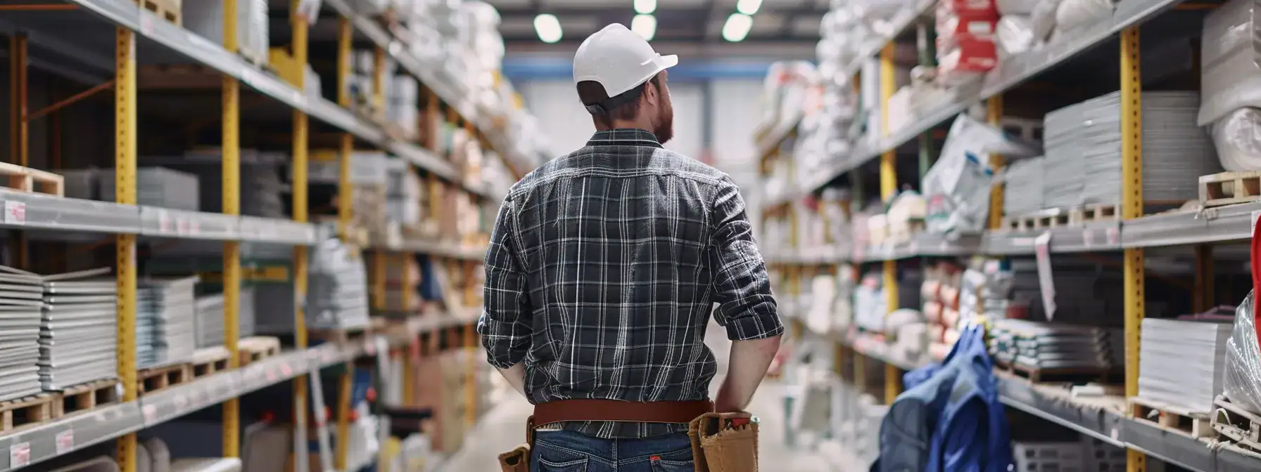 a professional contractor carefully selecting drywall patching materials in a well-lit hardware store aisle, comparing different options for main line projects.