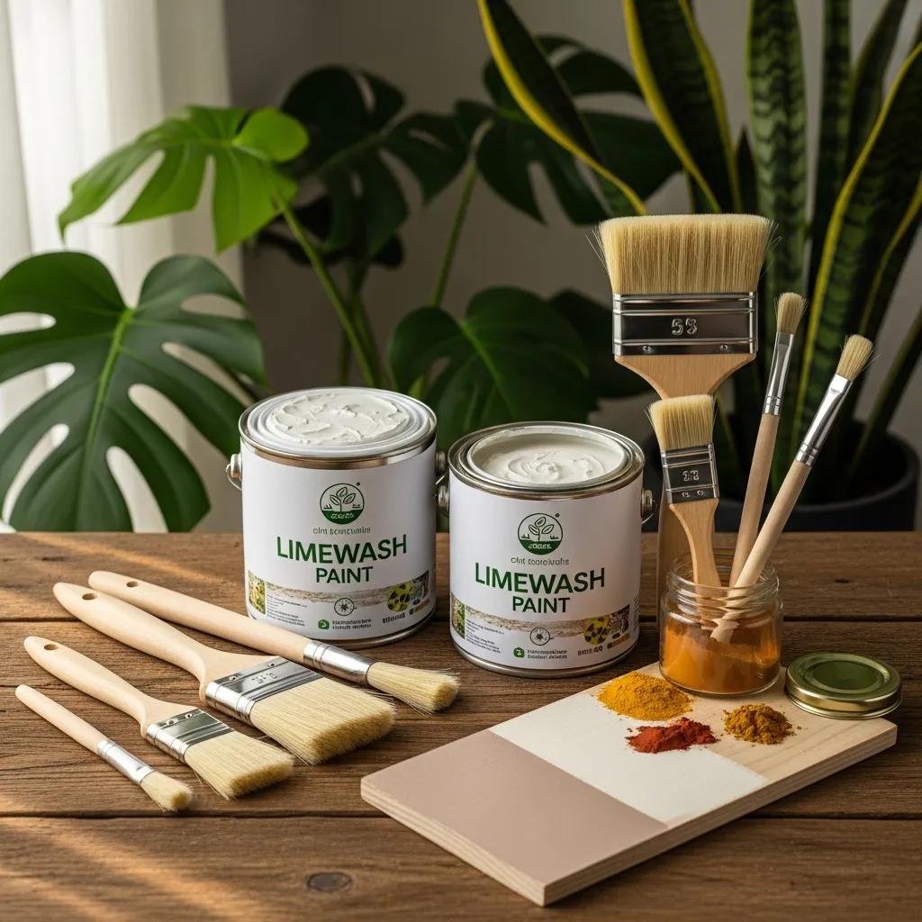 Natural limewash and sustainable painting materials laid out for a project