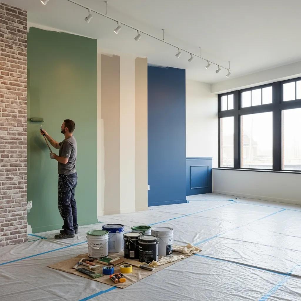 Painter working on an interior commercial wall with professional equipment