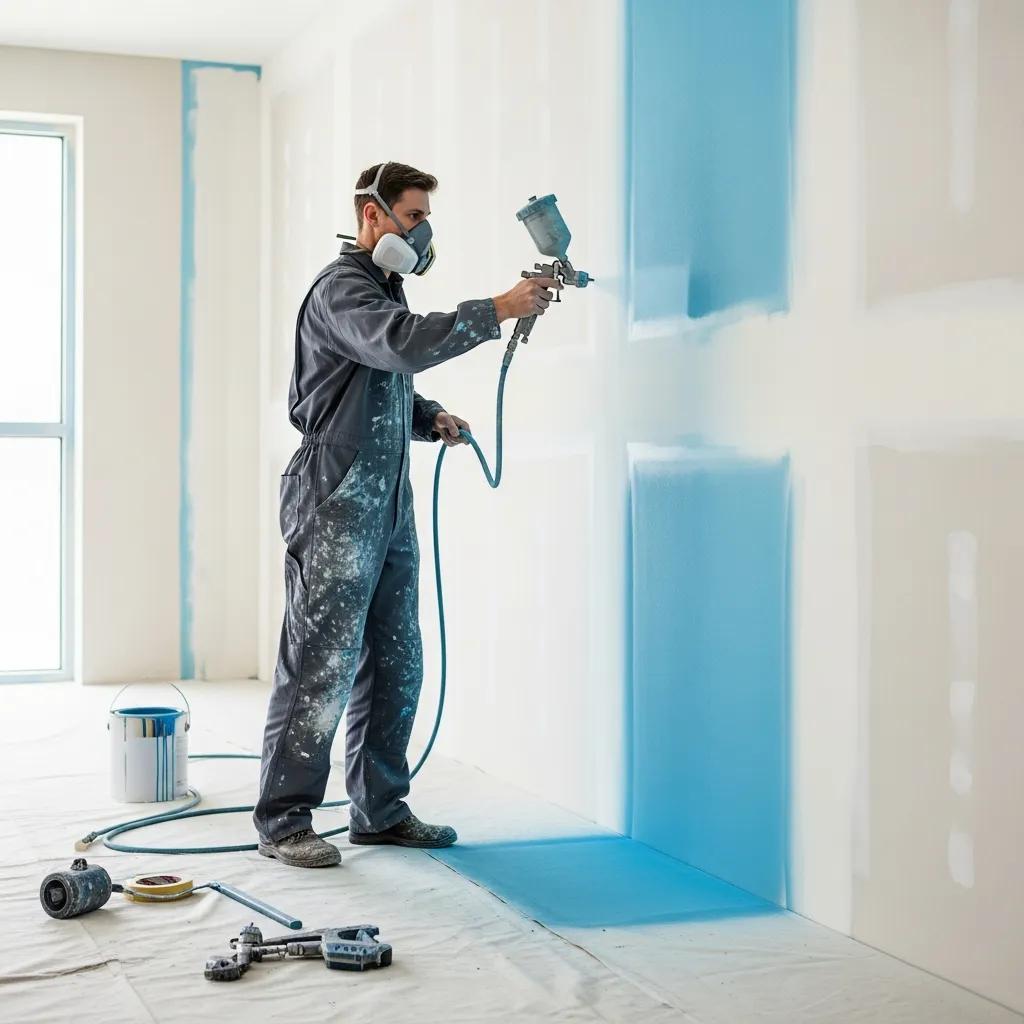 Painter using a spray gun to apply paint to a modern interior wall