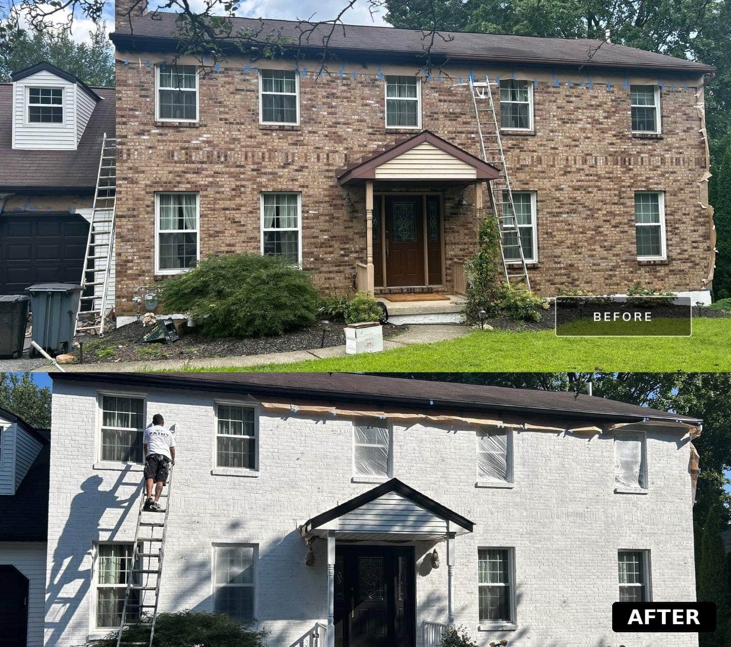 Before and after limewash application on a brick exterior home by Paint Philly in Bethlehem, PA